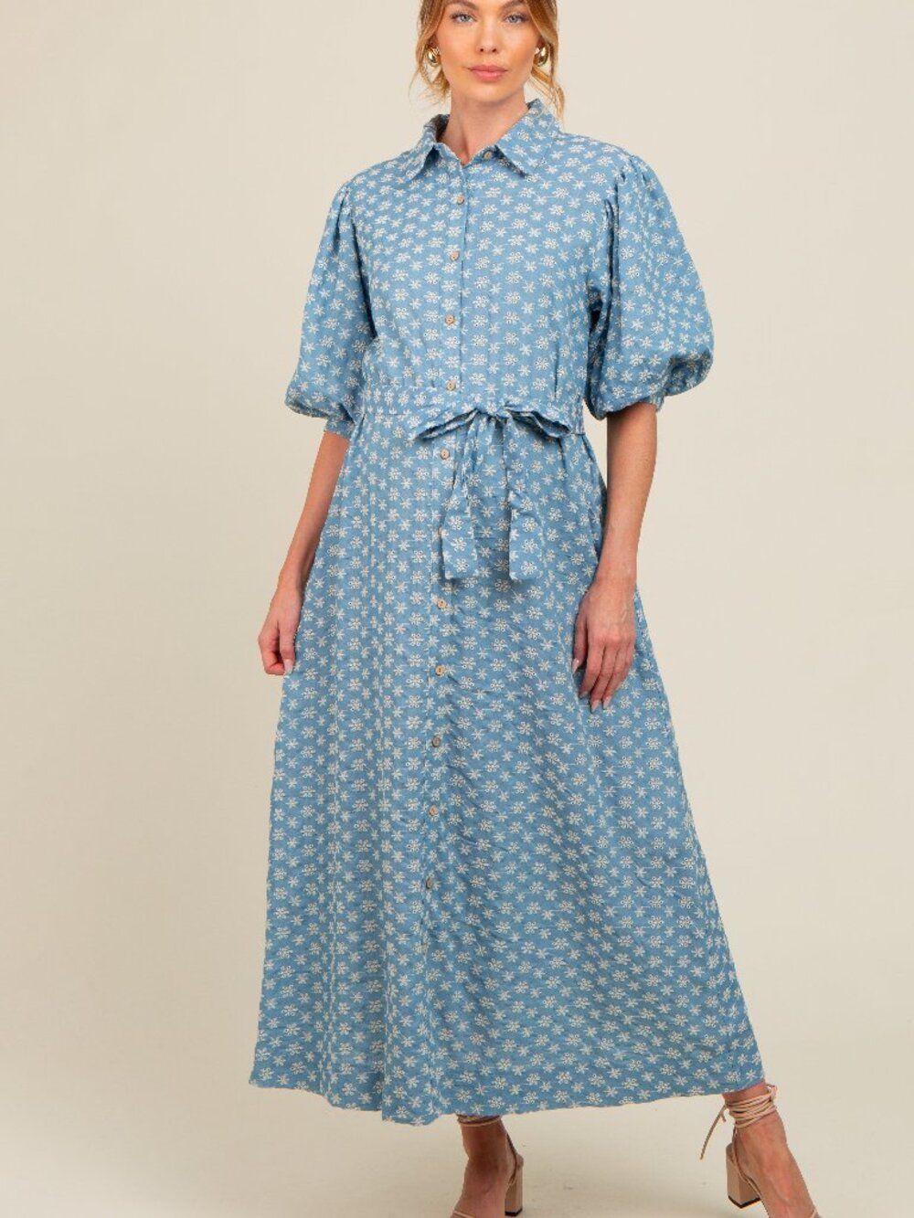 PinkBlush Blue Floral Embroidered Button Down Chambray Maternity Maxi Dress